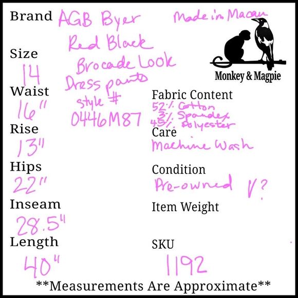 AGB Byer Womens Dress Pant Vintage Size 14 Red Black Brocade Print Shiny Slacks - Picture 9 of 9